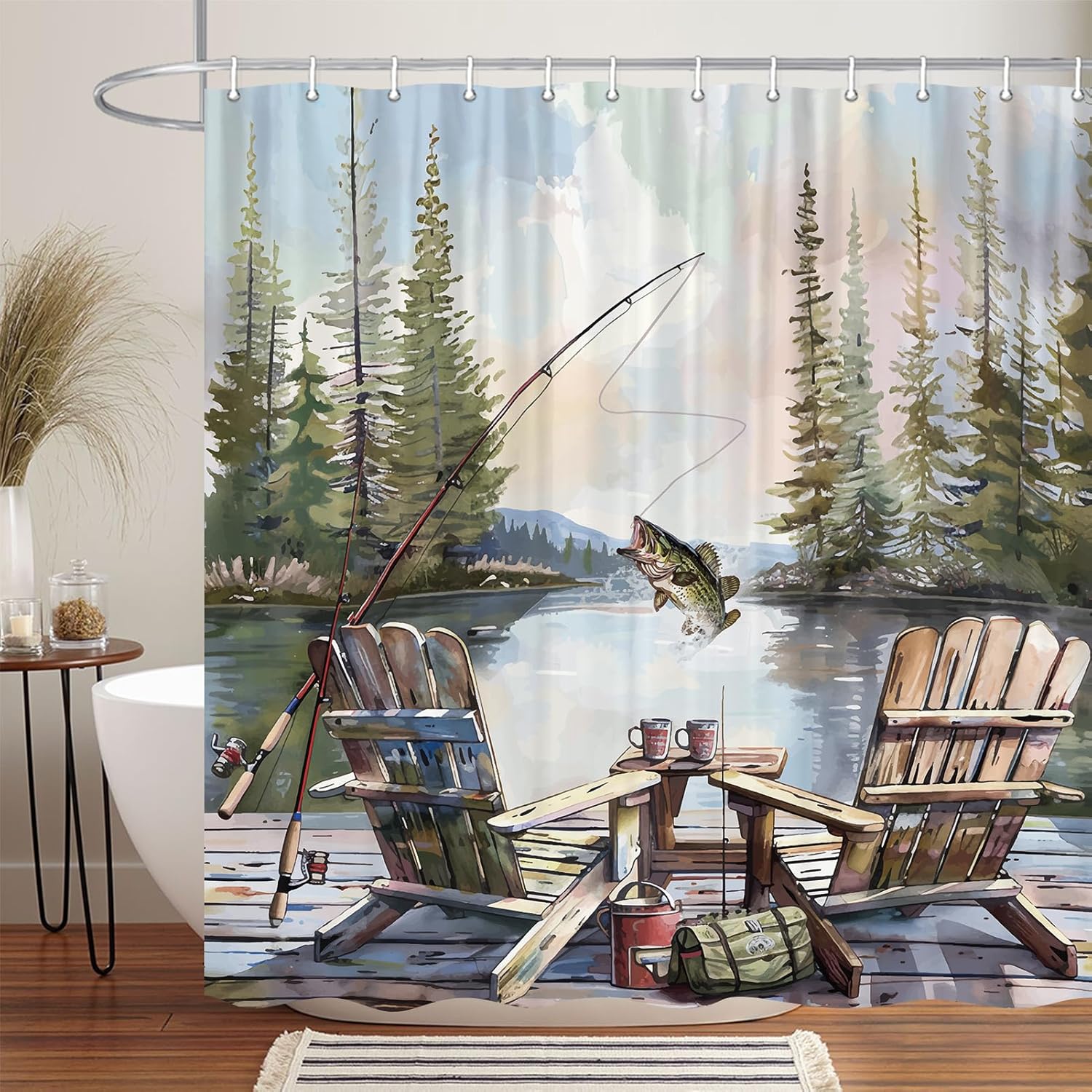 Rustic Fishing Shower Curtain, - Hunting And Camping In Forest review and price